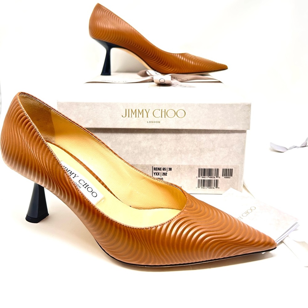 JIMMY CHOO Rene 65 Pumps Wave Leather CUOIO 100% Authentic Size 8 US Box+ Bag